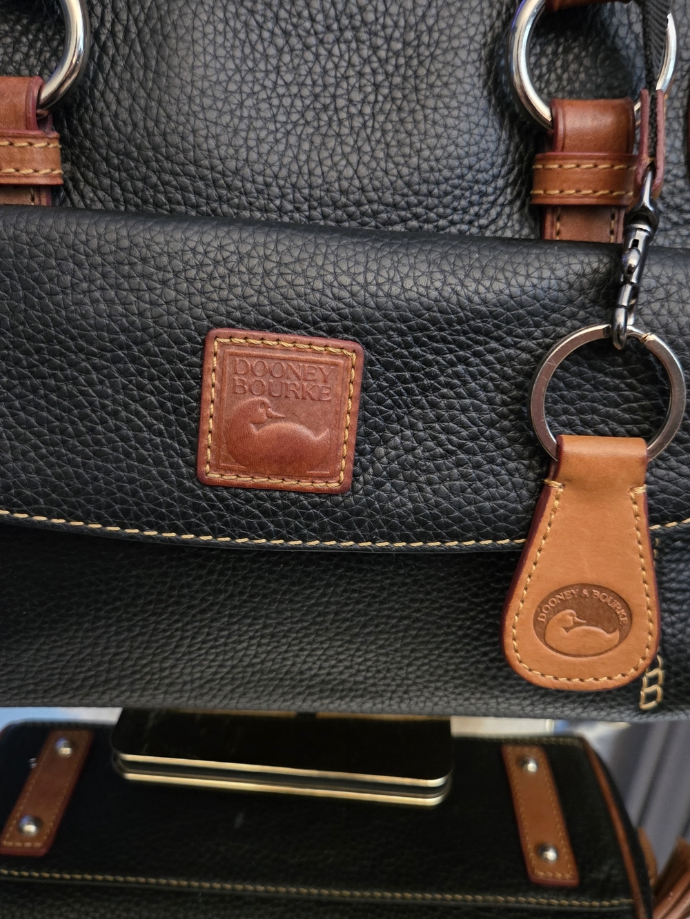 Dooney & Bourke Black Pebble Leather Satchel Crossbody British Tan Trim Tassels - Picture 3 of 17